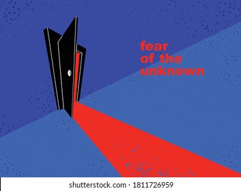 Half open door from the dark room, fear of the unknown vector concept illustration, bedroom scary nightmare theme.