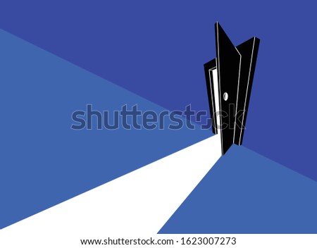 Half open door from the dark room, fear of the unknown vector concept illustration, bedroom scary nightmare theme.