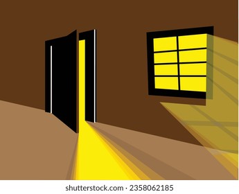 media puerta abierta en la oscuridad.diseño de vector premium.ilustración de diseño de puerta secreta