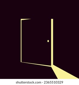 Half open door with a light from it. Vector illustration 