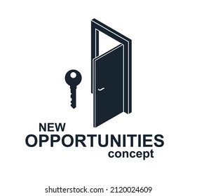 Half open door vector concept of new opportunities, step into future metaphor, start of new business or career, mysterious secret door allegory.