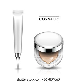 Half Open Foundation Case And Cosmetic Tube With Sharp Head Part, Both White, Isolated White Background 3d Illustration