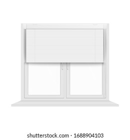 Ciego jalousie medio abierto en una ventana cerrada - burla en blanco realista del diseño de la decoración interior. Cortinas de apertura o cierre - ilustración vectorial aislada.