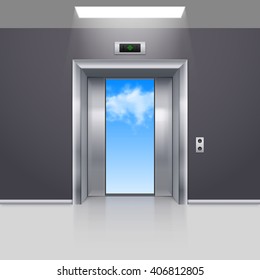 Half Open Metal Elevator Door to the Blue Sky