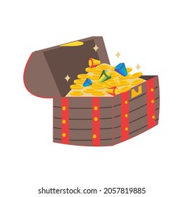 Half Open Pirate Chest with Hidden Treasure Flat vector illustration on white background