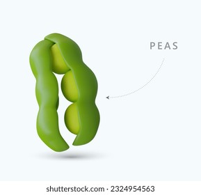 Half open pod with fresh green peas. Isometric illustration on light background with inscription and arrow. Round peas. Protein products in natural packaging