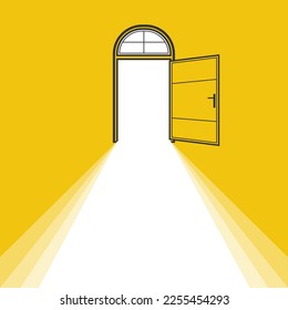 Half open secret door, Entrance doorway sign, Abstract yellow background.	