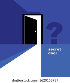 Half open secret door new opportunities concept vector illustration, fear of the unknown, step inside the future, what is behind, what is there.