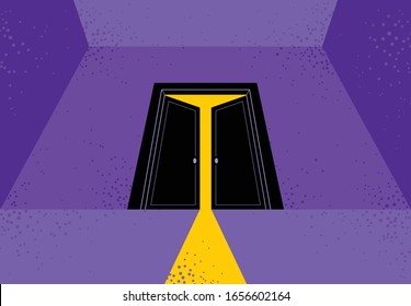 Half open secret door new opportunities concept vector illustration, fear of the unknown, step inside the light from the dark, what is behind, what is there.