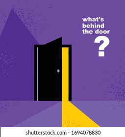 Half open secret door new opportunities concept vector illustration, fear of the unknown, step inside the future, what is behind, what is there.