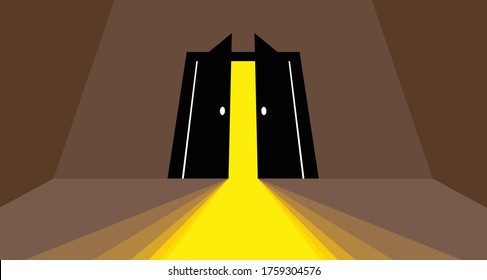 Half open secret door new opportunities concept vector illustration, fear of the unknown, step inside the light from the dark, what is behind, what is there.