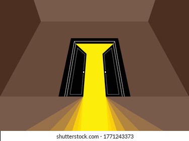 Half open secret door new opportunities concept vector illustration, fear of the unknown, step inside the light from the dark, what is behind, what is there.