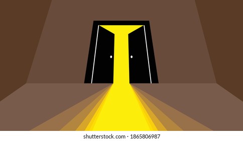Half open secret door new opportunities concept vector illustration, fear of the unknown, step inside the light from the dark, what is behind, what is there.