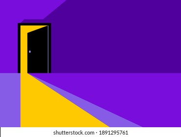 Half open secret door new opportunities concept vector illustration, fear of the unknown, step inside the future, what is behind, what is there.