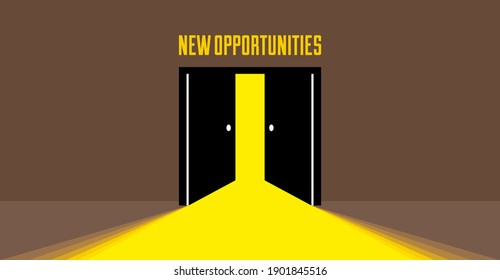 Half open secret door new opportunities concept vector illustration, fear of the unknown, step inside the light from the dark, what is behind, what is there.