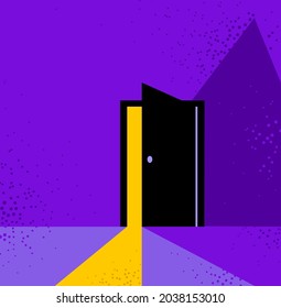 Half open secret door new opportunities concept vector illustration, fear of the unknown, step inside the future, what is behind, what is there.