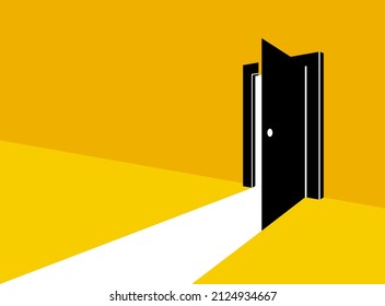 Half open secret door new opportunities concept vector illustration, fear of the unknown, step inside the future, what is behind, what is there.