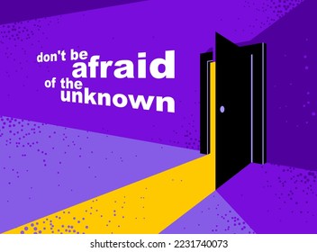 Half open secret door new opportunities concept vector illustration, fear of the unknown, step inside the future, what is behind, what is there.