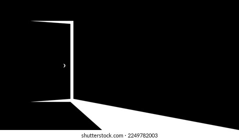 Half open secret door, new opportunities concept, unknown fear, step inside, future, what is behind, what is there. Flat vector illustration isolated on black background.