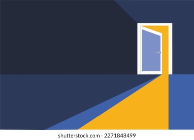 half open secret door new opportunities, concept vector illustration, step towards future, yellow light inside open door isolated on blue background