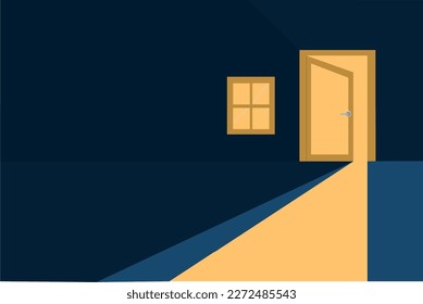half open secret door new opportunities, concept vector illustration, step towards future, yellow light inside open door isolated on blue background