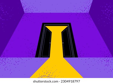Half open secret door new opportunities concept vector illustration, fear of the unknown, step inside the light from the dark, what is behind, what is there.