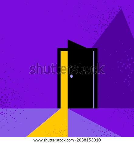 Half open secret door new opportunities concept vector illustration, fear of the unknown, step inside the future, what is behind, what is there.