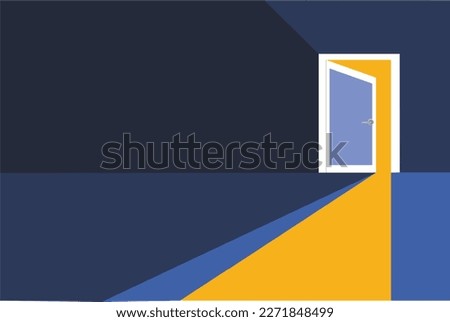 half open secret door new opportunities, concept vector illustration, step towards future, yellow light inside open door isolated on blue background