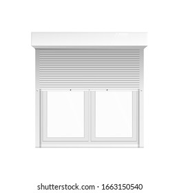 Half open window with rolling blinds or plastic striped curtains, 3d realistic vector illustration mockup isolated on white background. Template for interior design.
