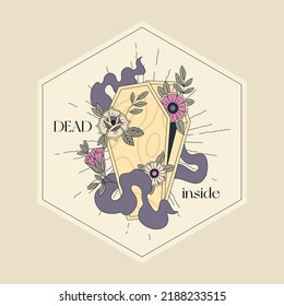 Ataúd medio abierto con ilustración vectorial de flores. Trazo editable. Estética macabra o post mortem. Decoración de arte de la vieja escuela. Diseño de pegatinas o tatuajes con la frase DEAD INSIDE.