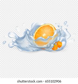 Half orange fruit in drops of clean water with big splashes isolated realistic vector illustration on transparent background.