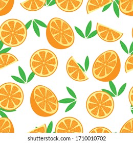 Half an orange fruit and slice with leaves on white background. Seamless pattern.