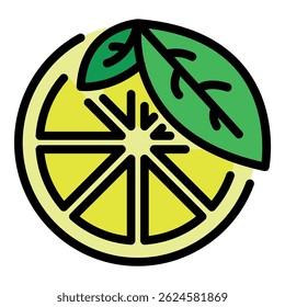 Half an orange with a leaf icon. Outline half an orange with a leaf vector icon color flat isolated