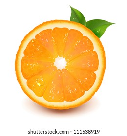 Half Of Orange With Leaf And Water Drop, Vector Illustration