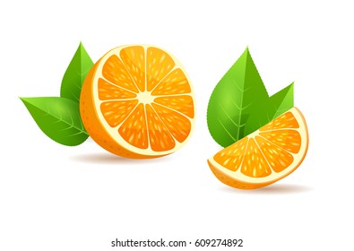 Half of orange and slice with leaves and shades on white background. Fresh fruit that contains vitamin C. Healthy organic nutrition. Cartoon vegetarian food icon. Juicy fruit vector illustration.