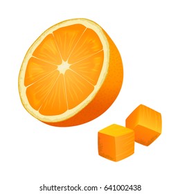Half of orange and two orange cubes on white background. Fresh fruit that contains vitamin C. Healthy organic nutrition. Cartoon vegetarian food icon. Juicy tropical fruit vector illustration.