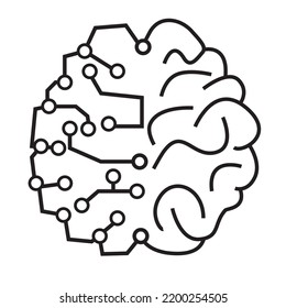 Half organic human brain enhanced with artificial intelligence. Simple line icon drawing for transhuman and AI technology concept design