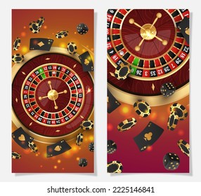 Half page advertising banners with golden casino roulette with black poker chips, tokens, playing cards, dices, around, on red background with golden lights, glare, sparkles. Vector illustration.