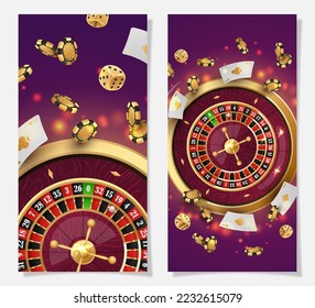 Half page advertising banners with Golden casino roulette, wheel, flying poker chips, tokens, white playing cards, dices, around on purple background with lights, bokeh. Vector illustration