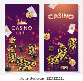 Half page advertising banners with stacks of black, gold poker chips, tokens, playing cards, dices, around on purple background with reflection, lights. Vector casino illustration.