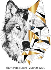 cara de lobo medio pintada con triángulos dorados. Ojos azules