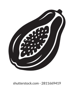Half papaya fruit with seeds inside black and white vector silhouette