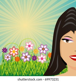 Half part of female face and flowers under sun rays