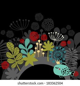 Half part round banner with fantastic flora and fish with crown. Vector illustration.