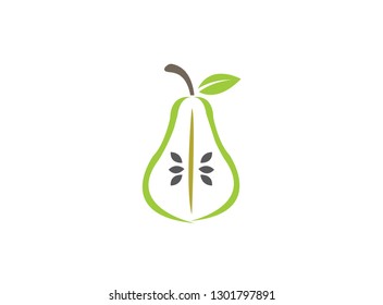 Half pear green fruit with leaf and seed for logo design