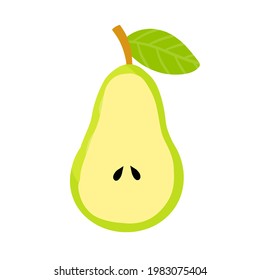 Half pear. Sliced green fruit. Ingredient with vitamins. Vegan sweet food. Flat cartoon illustration
