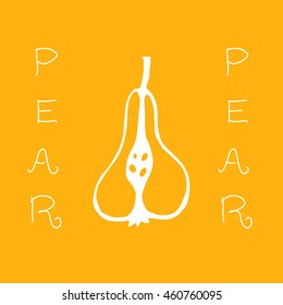 Half pear. White on a orange background. Vector. Illustration. Logo. Suitable for packaging, labels, business cards.