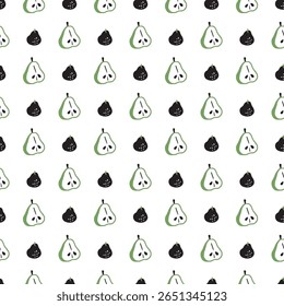 Half Pear and Whole Pear Silhouette Fruit Pattern. Perfect for food, fruit, healthy snack, and harvest-themed designs.