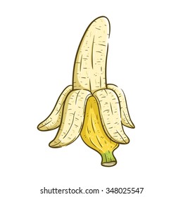 Half Peeled Banana With Color And Using Line Art Or Sketchy Style