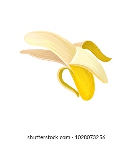 Half peeled banana. Colorful icon of tropical fruit in flat style. Healthy and delicious product. Organic nutrition. Flat vector element for recipe book or cafe menu